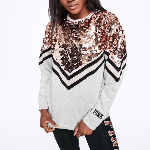 PINK Victoria's Secret Tops - RARE VS PINK BLING SEQUINS CREW SWEATSHIRT PULLOVER / S